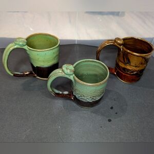 Lot 3 signed hand crafted‎ primitive pottery drip glaze green/ brown coffee mugs